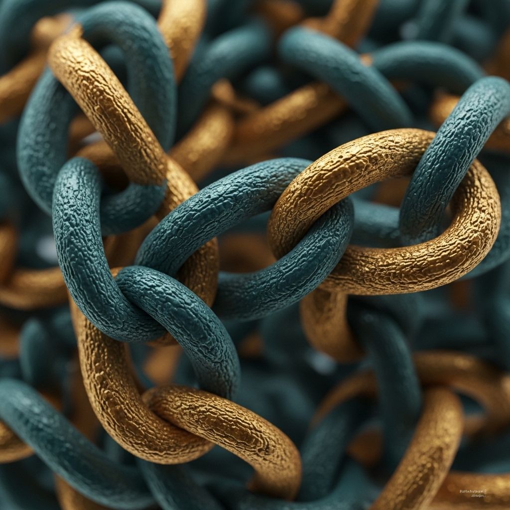 Abstract close-up of intertwined molecular or chain-like natural structures in deep teal and gold tones, conveying complexity and biological architecture, artistic macro photography