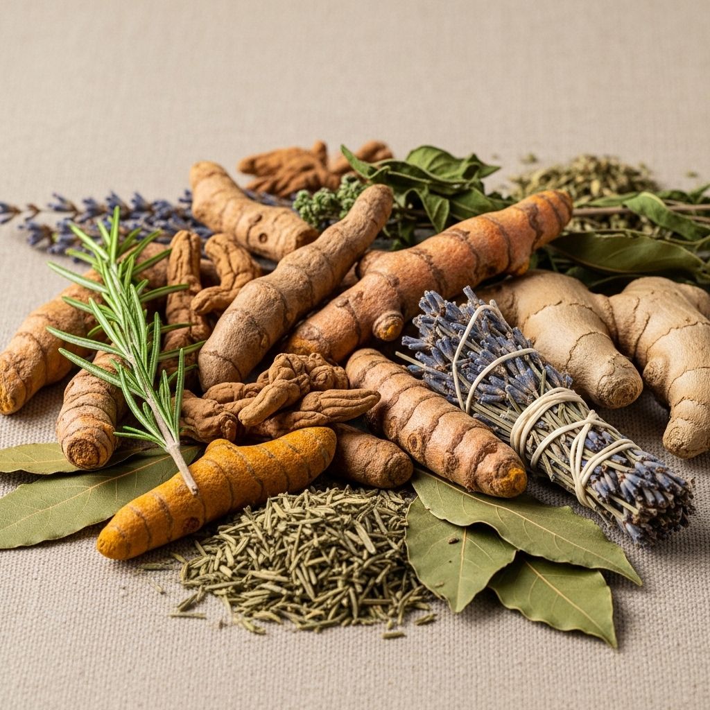 Serene arrangement of dried herbs and botanical roots including turmeric, ashwagandha, ginger and assorted dried plants on a natural linen cloth with warm earthy tones