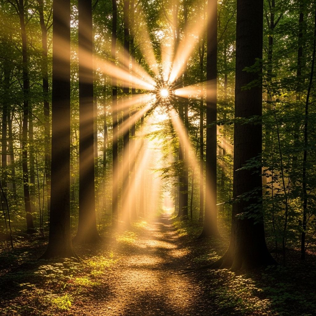 Bright morning sunlight streaming through tall trees onto a forest path, warm golden rays creating dappled light patterns, serene natural landscape
